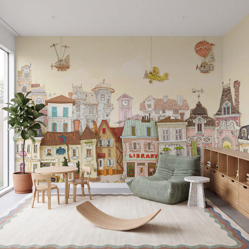 Casas coloridas y globos en un interior