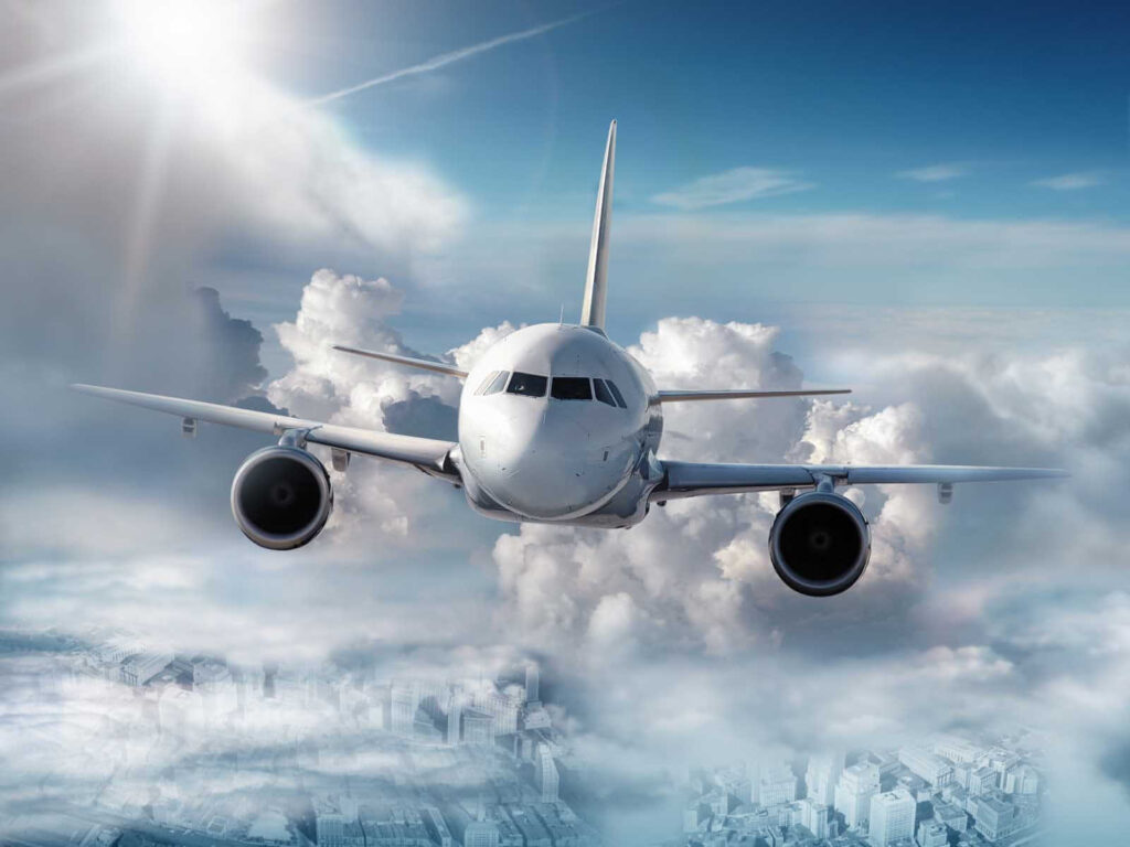Avión sobre nubes suaves — diseño completo
