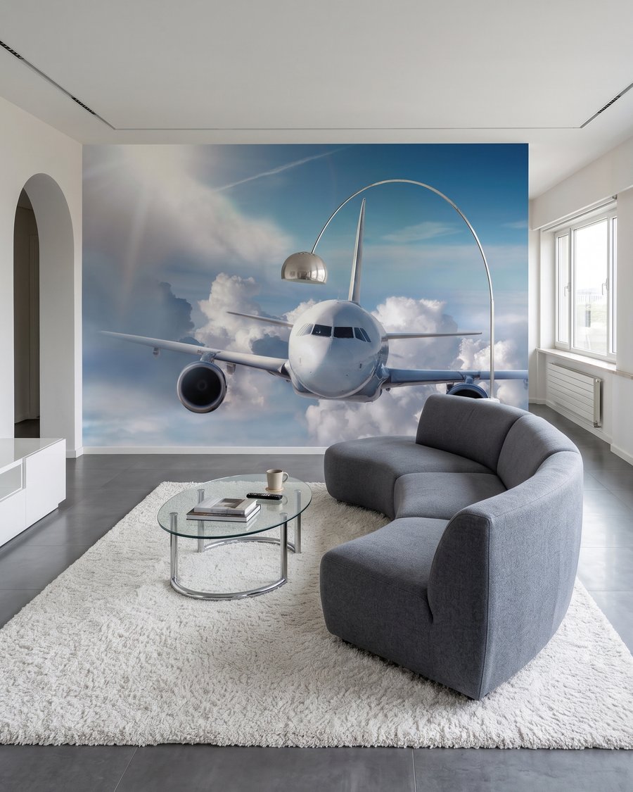 Avión sobre nubes suaves en un interior