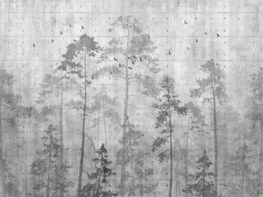 Pinos sobre fondo desgastado — diseño completo
