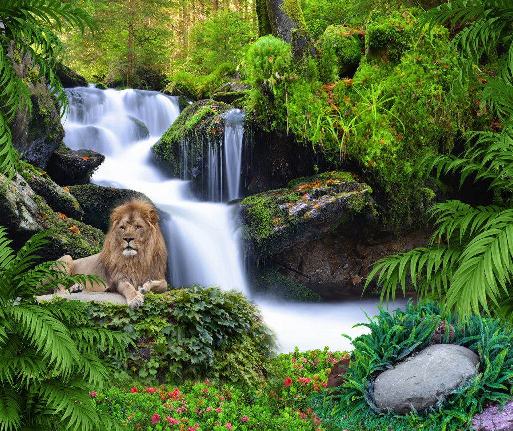 León ante una cascada — diseño completo