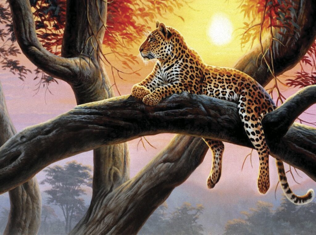 Felino manchado al atardecer — diseño completo