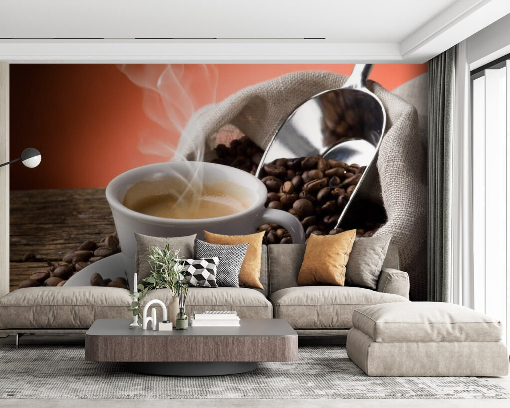 Café humeante entre granos — interior 1
