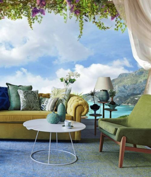 Bahía tras cortinas floridas — interior 2