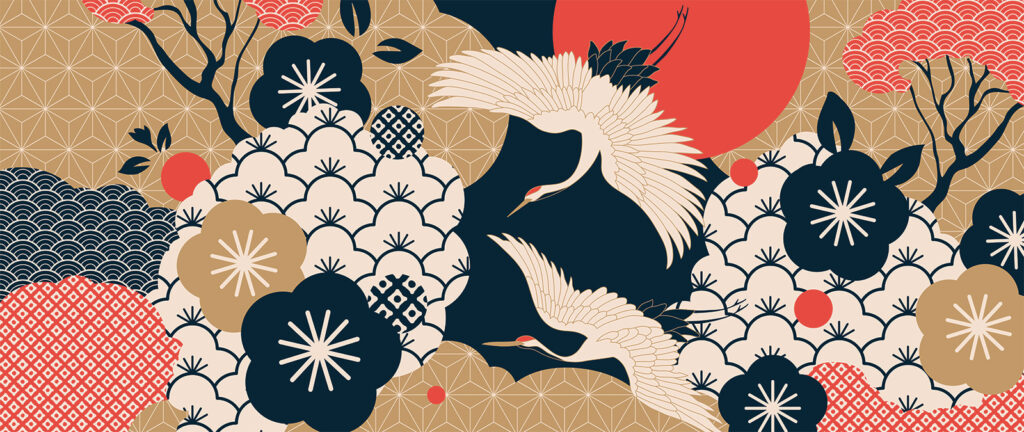 Grullas entre flores — diseño completo