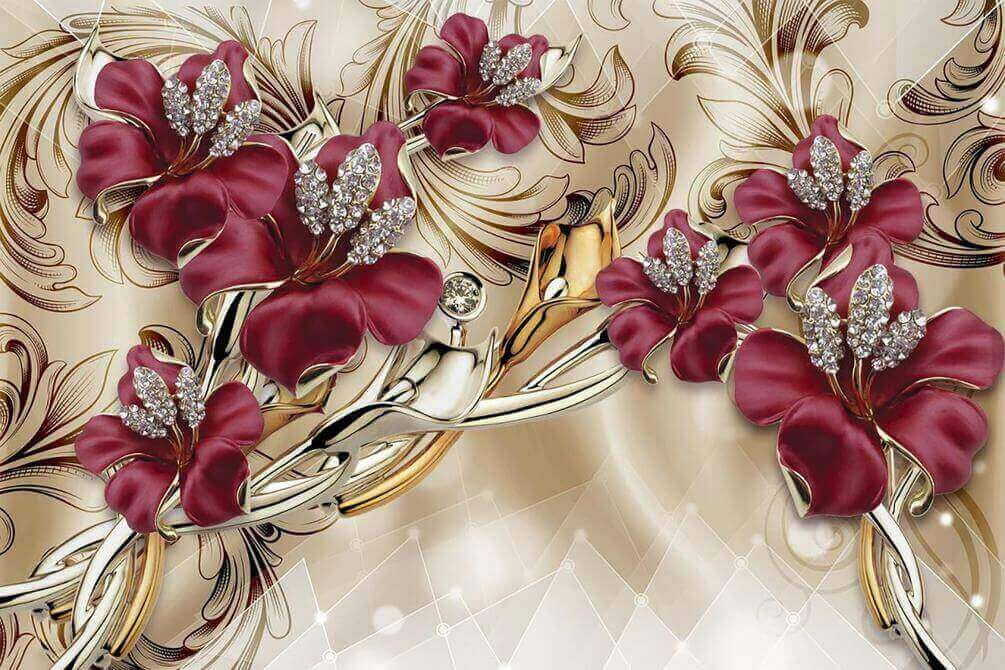 Flores burdeos entre rizos — diseño completo