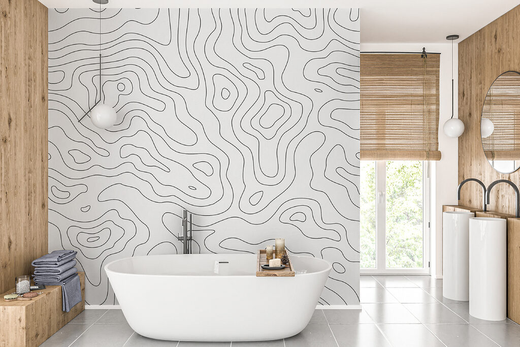 Contornos ondulados sobre blanco en un interior