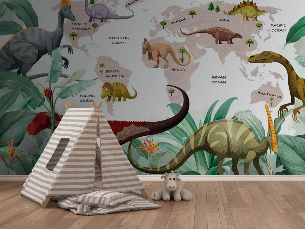 Dinosaurios sobre un mapa en un interior