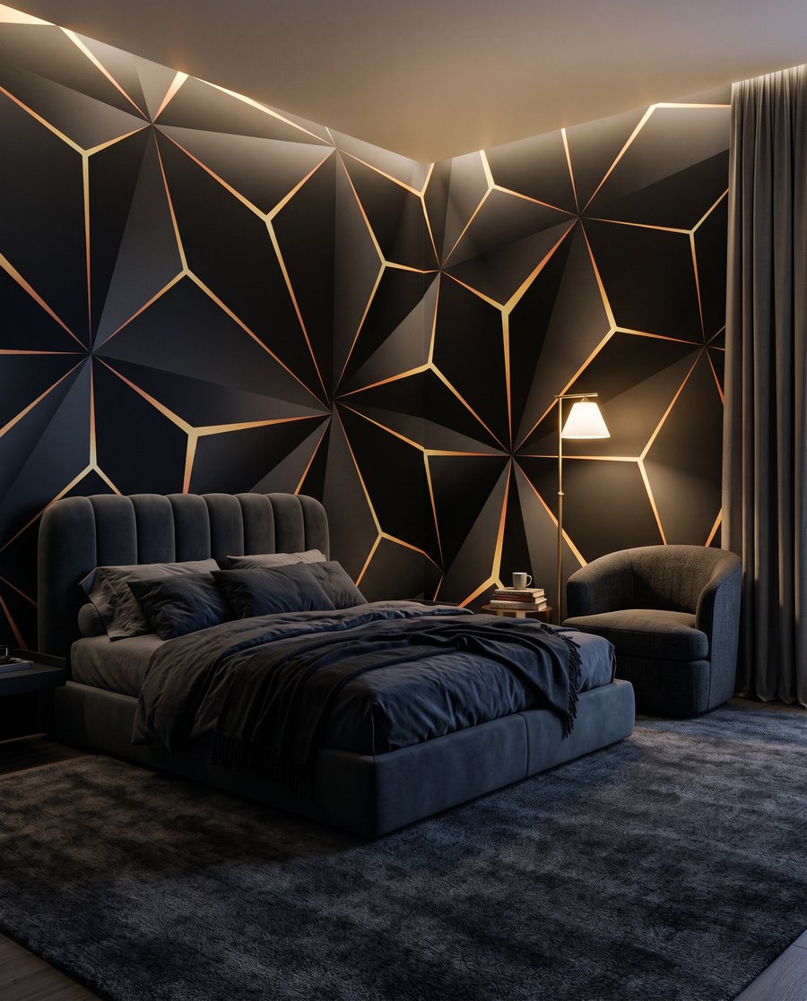 Facetas doradas en negro en un interior