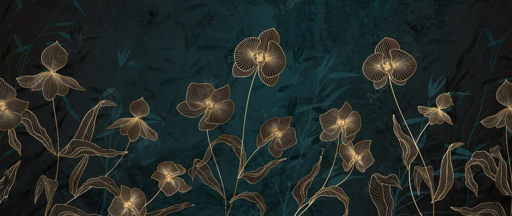 Flores doradas, azul petróleo — diseño completo