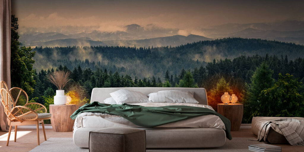 Última luz sobre pinos en un interior