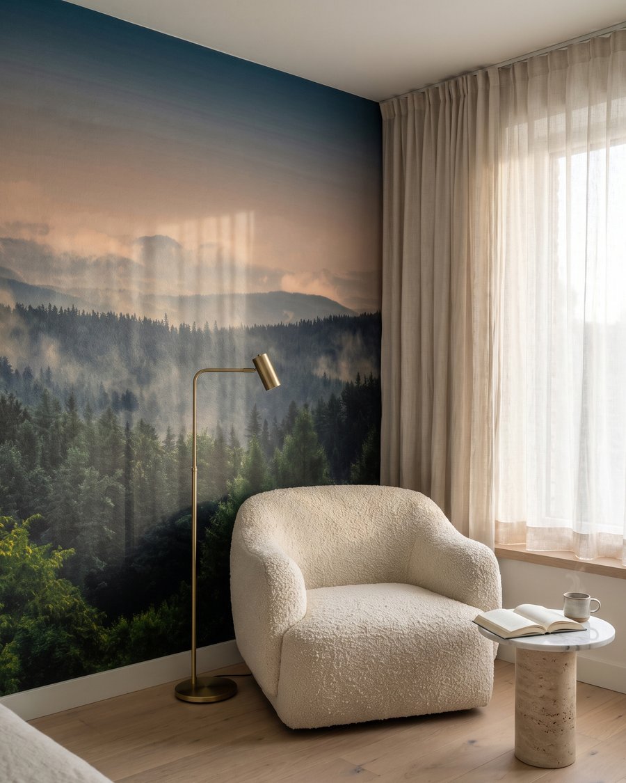 Última luz sobre pinos en un interior