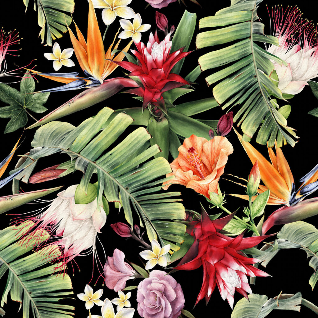 Flores tropicales sobre negro — diseño completo