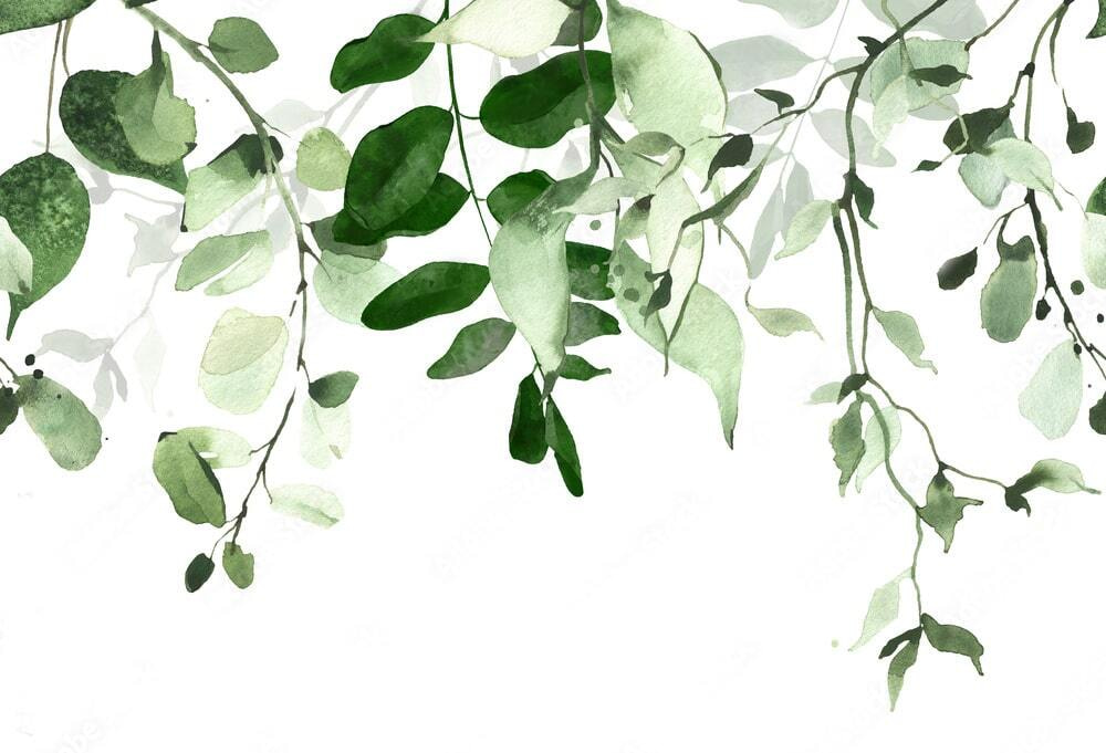 Hojas colgantes sobre blanco — diseño completo