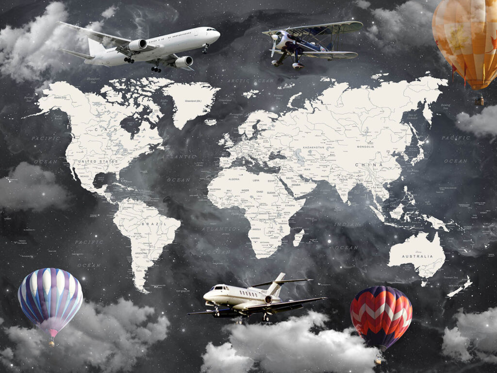 Aviones sobre mapa blanco — diseño completo