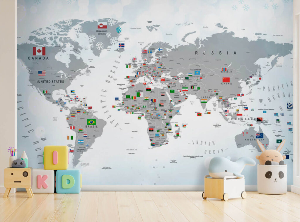 Mapa lleno de banderitas en un interior