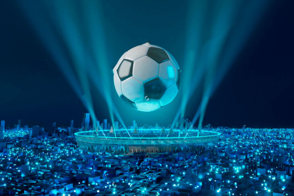 Balón sobre estadio iluminado — diseño completo