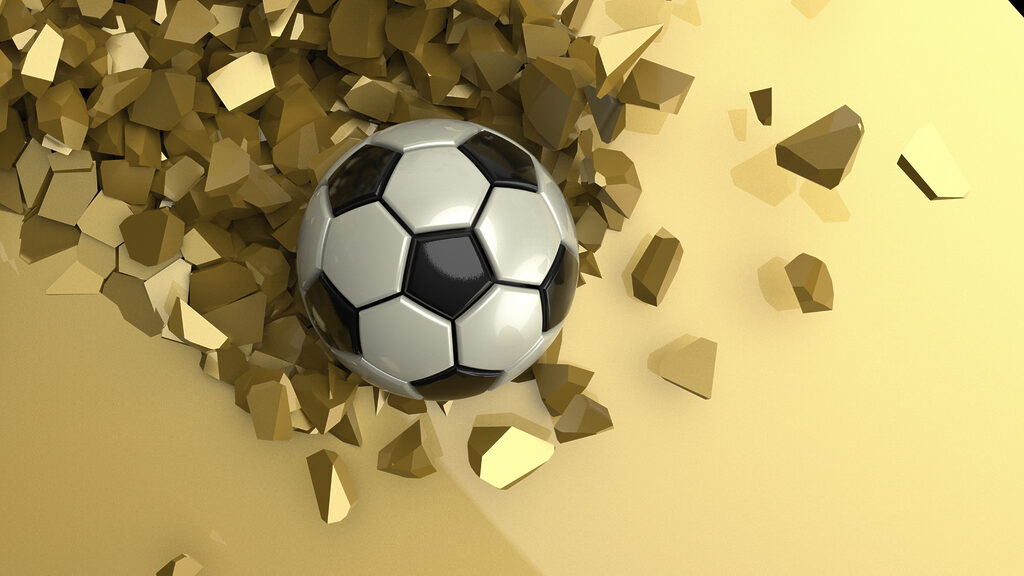 Balón atravesando muro dorado — diseño completo
