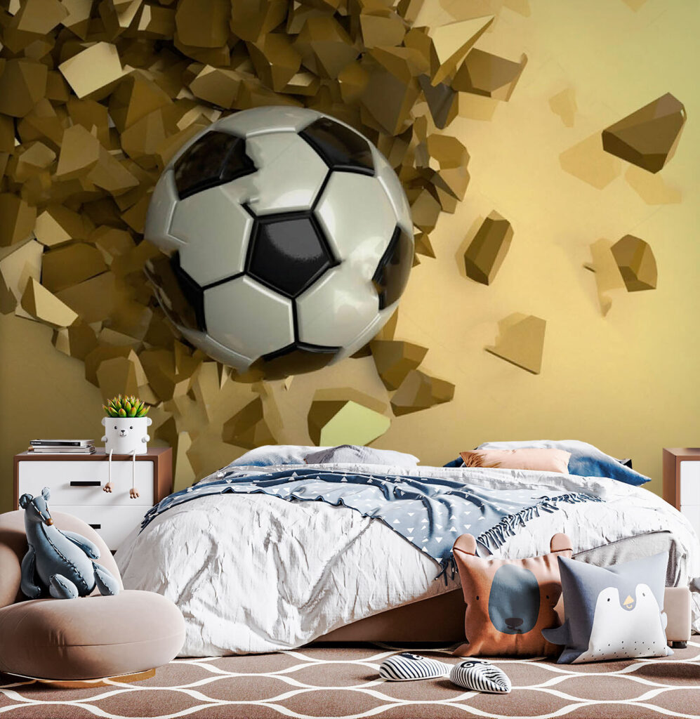 Balón atravesando muro dorado — interior 1
