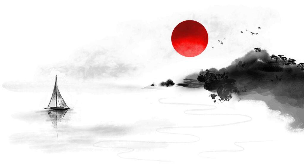 Velero bajo sol rojo — diseño completo