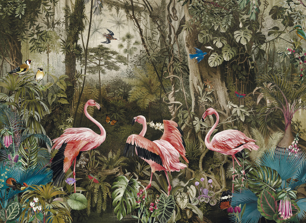 Flamencos entre troncos antiguos — diseño completo
