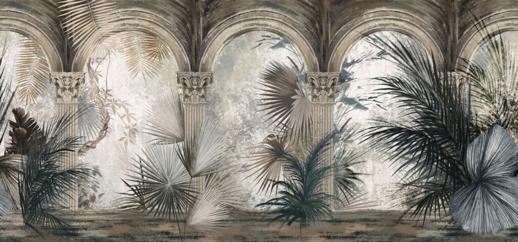 Palmeras ante arcadas antiguas — diseño completo