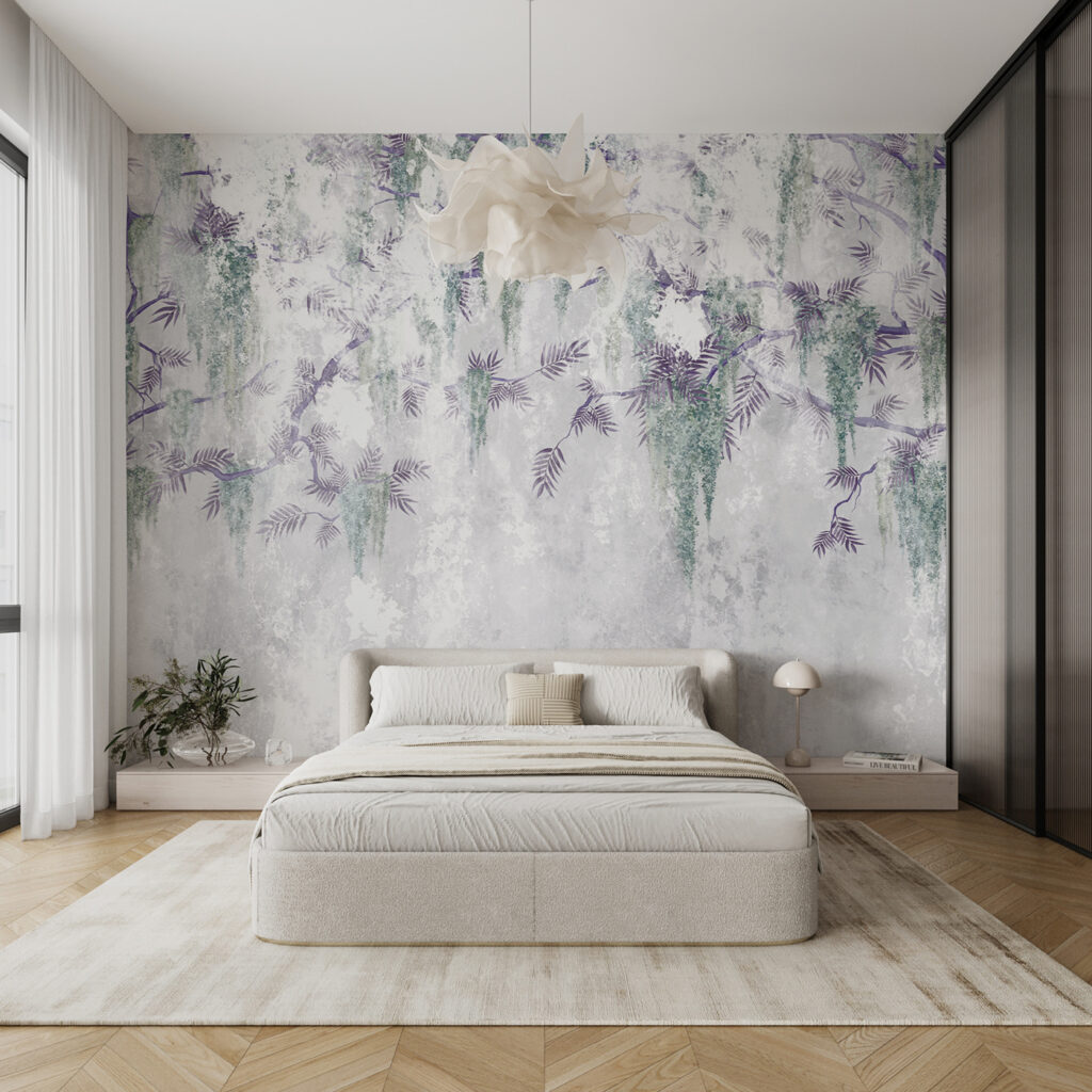 Ramas moradas sobre pintura en un interior