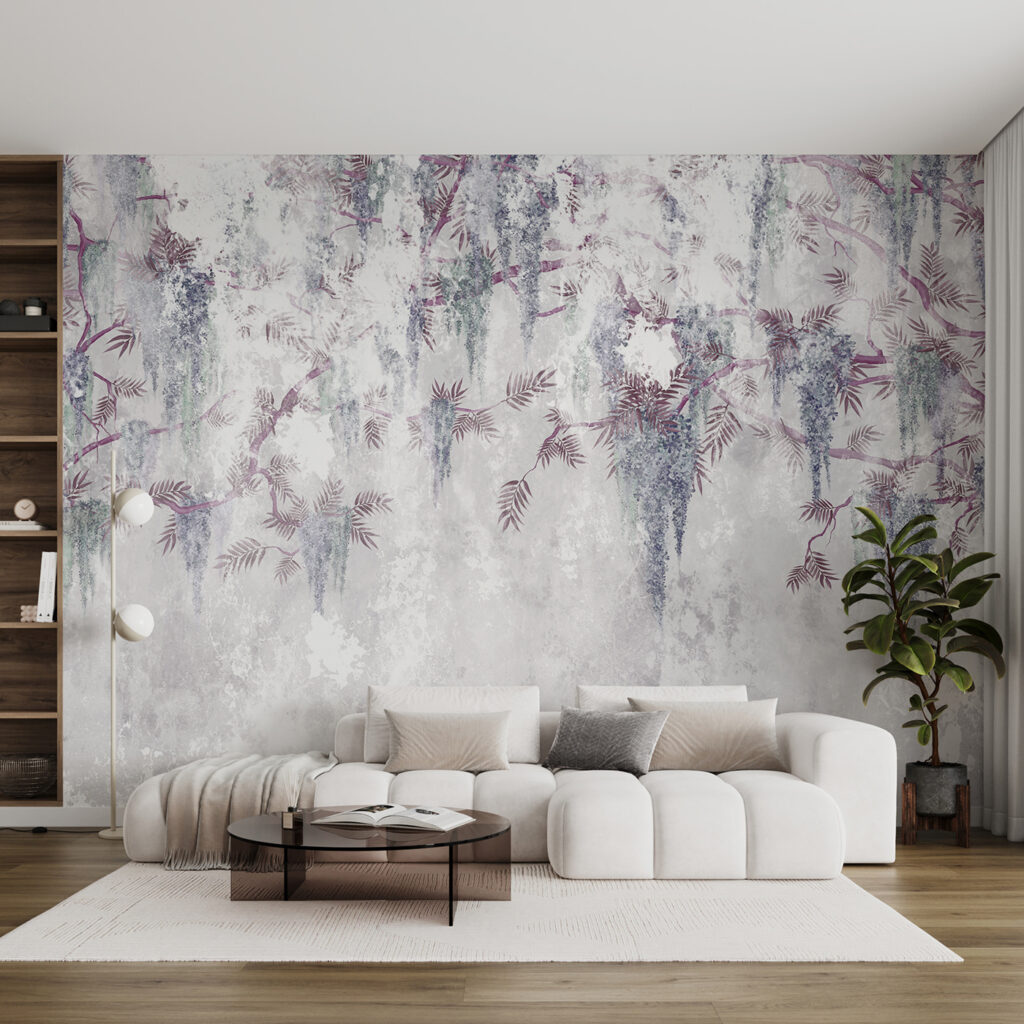 Ramas moradas sobre pintura — interior 1