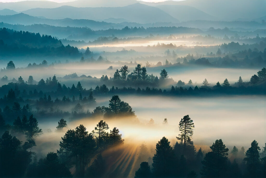 Niebla entre colinas azules — diseño completo