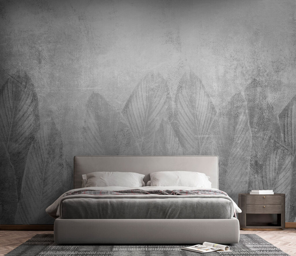 Hojas grandes sobre gris — interior 1