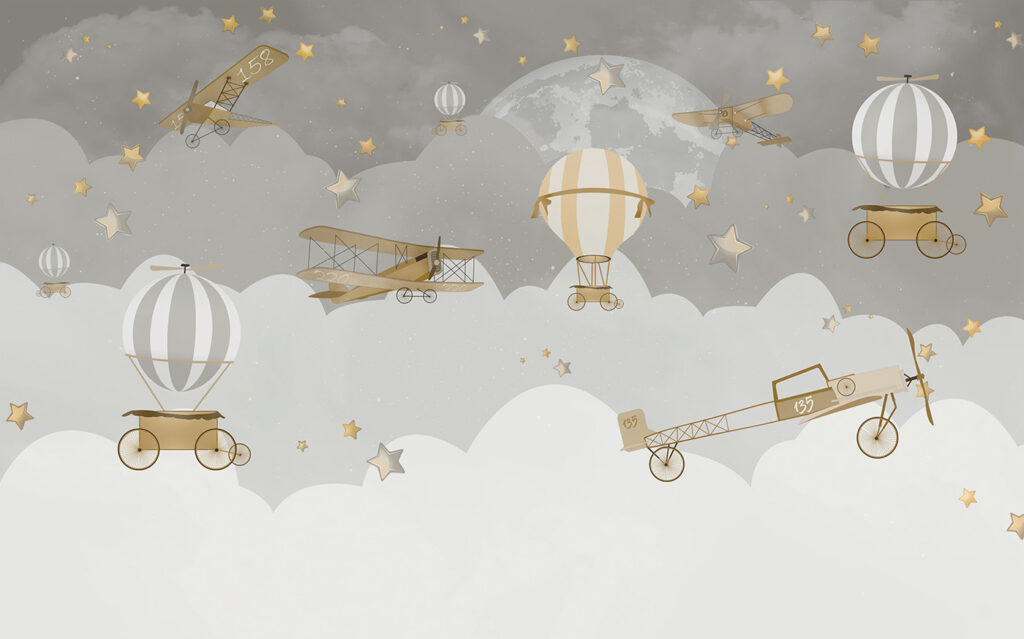 Globos sobre nubes grises — diseño completo