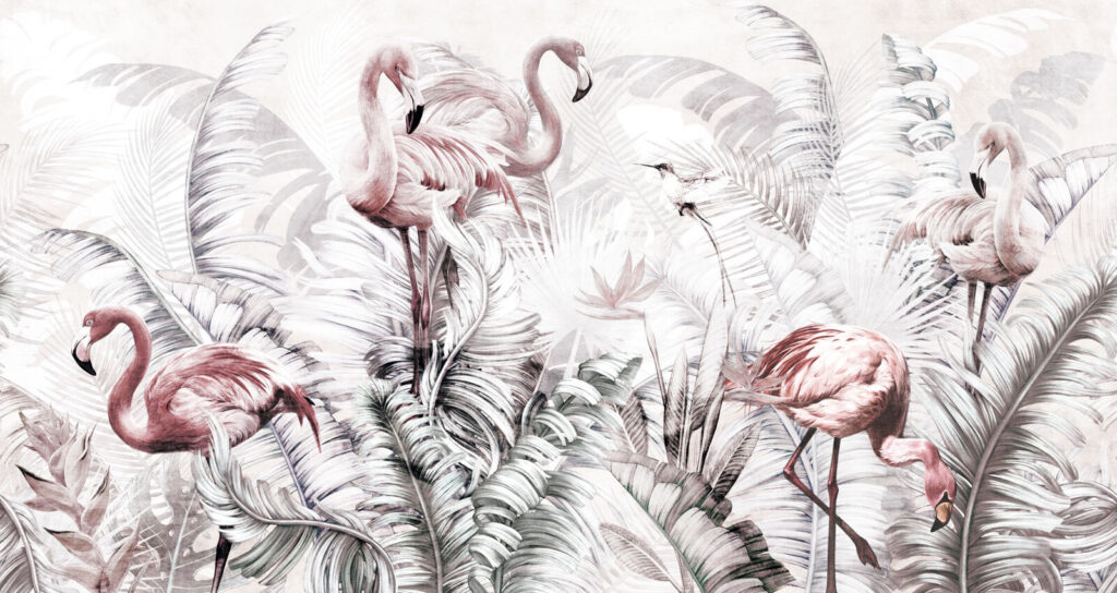 Flamencos entre ramas grises — diseño completo