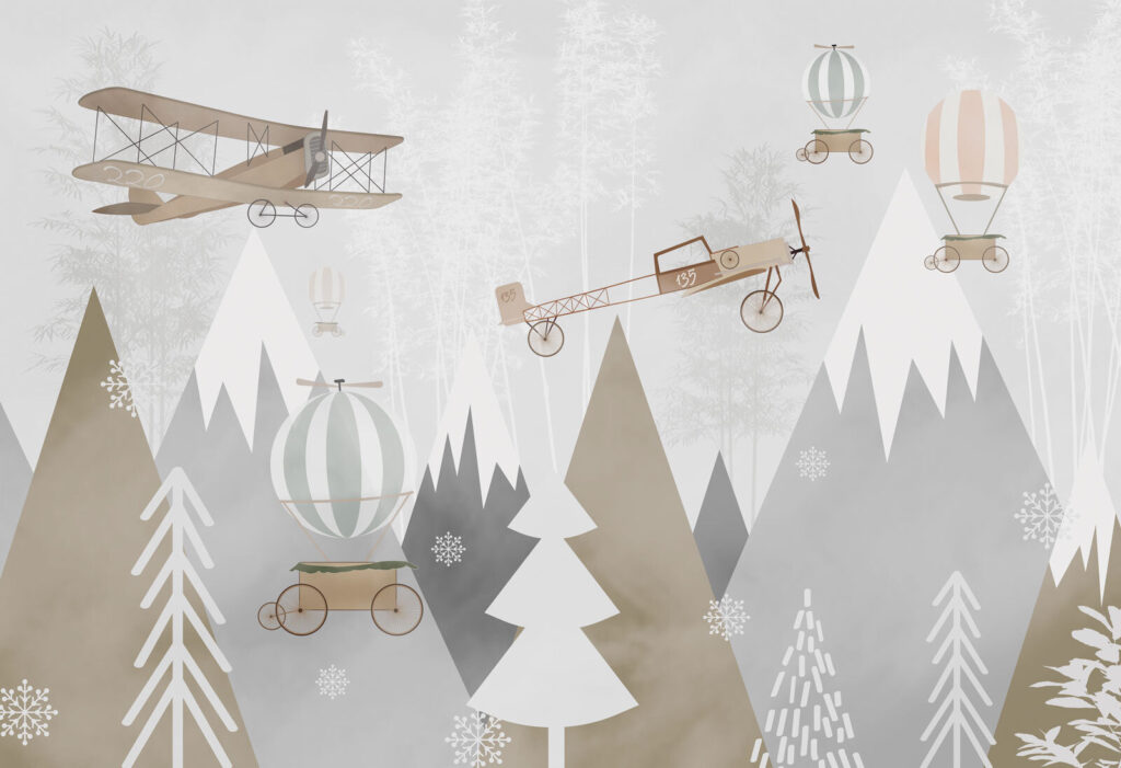 Aviones sobre montañas boscosas — diseño completo