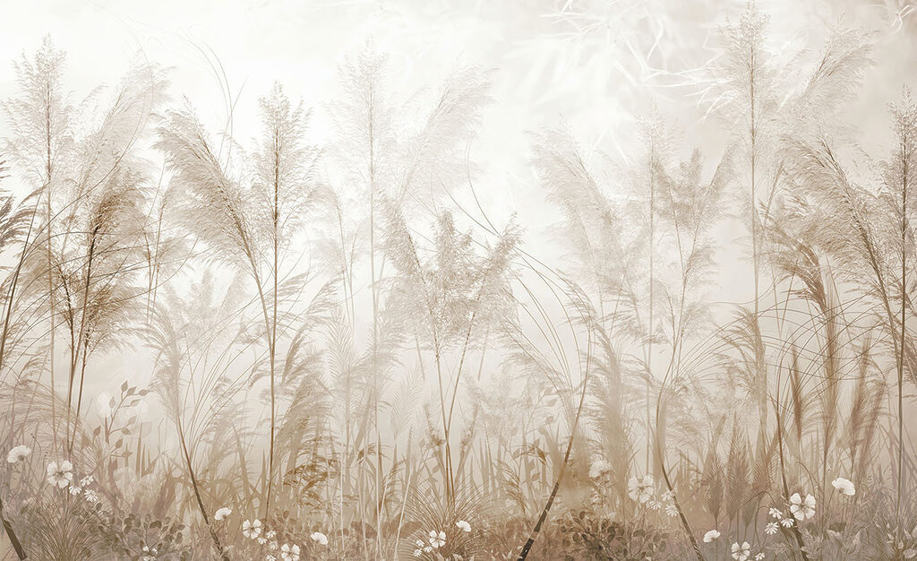 Hierba plumosa sobre niebla — diseño completo