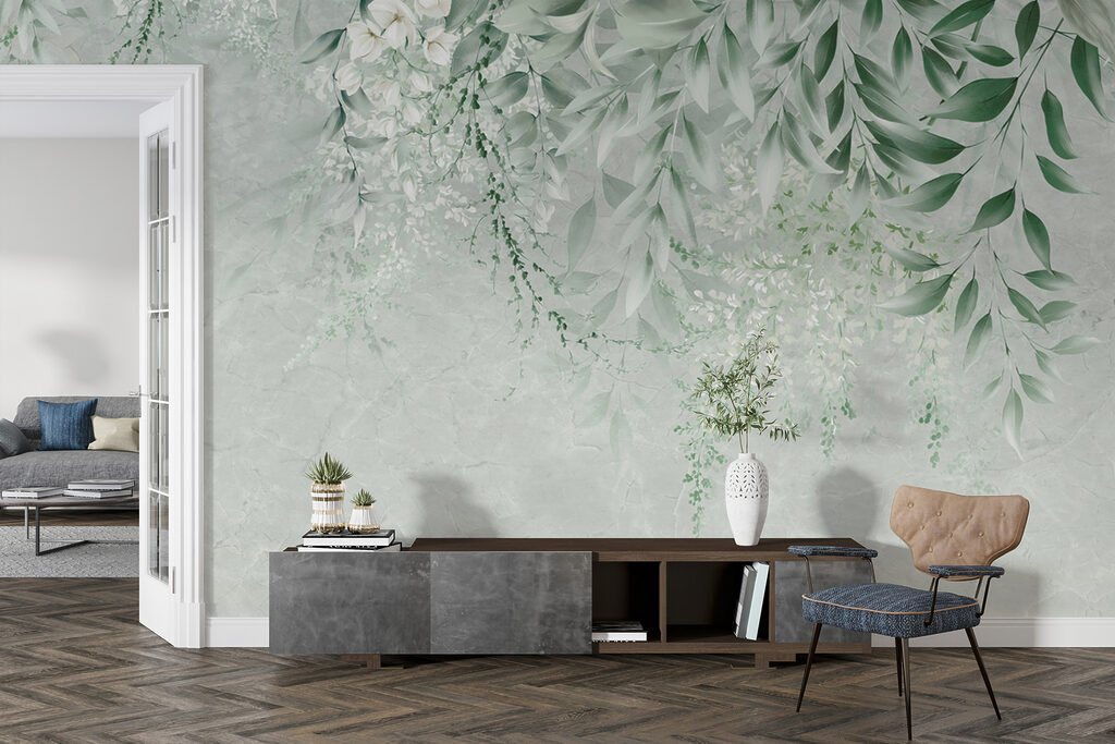 Ramas colgantes sobre verde — interior 7