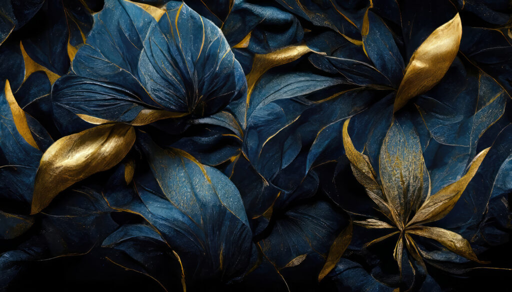 Flores azules y doradas — diseño completo