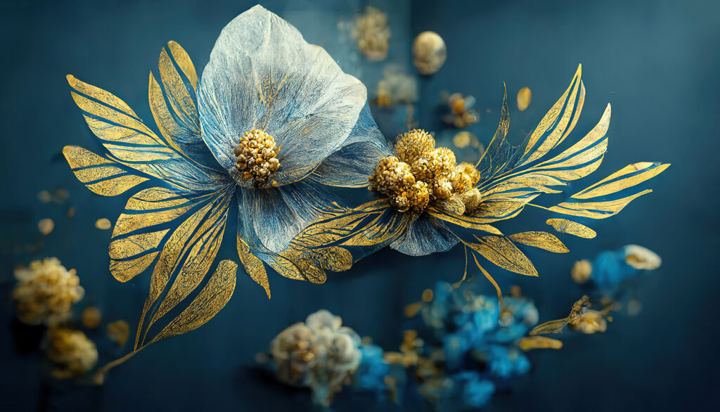 Flor azul, hojas doradas — diseño completo