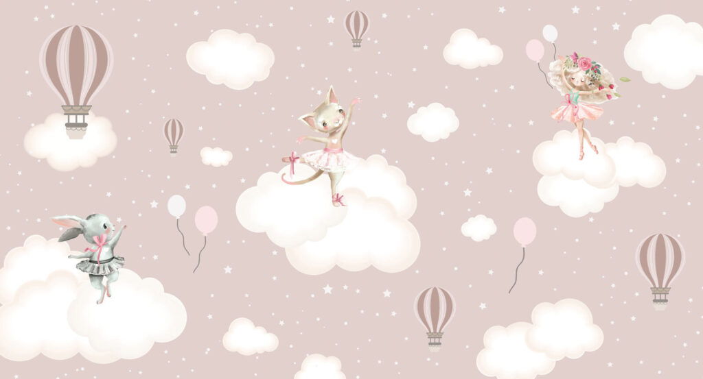 Animales sobre nubes rosas — diseño completo