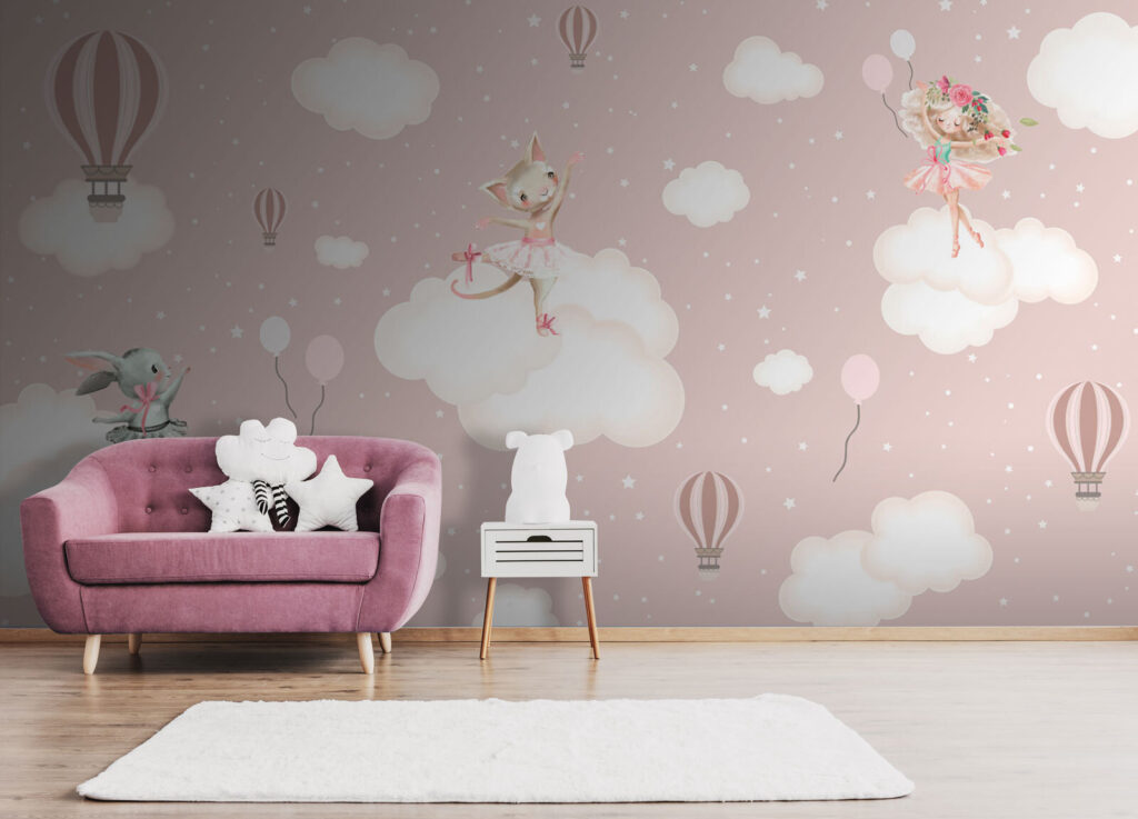 Animales sobre nubes rosas en un interior