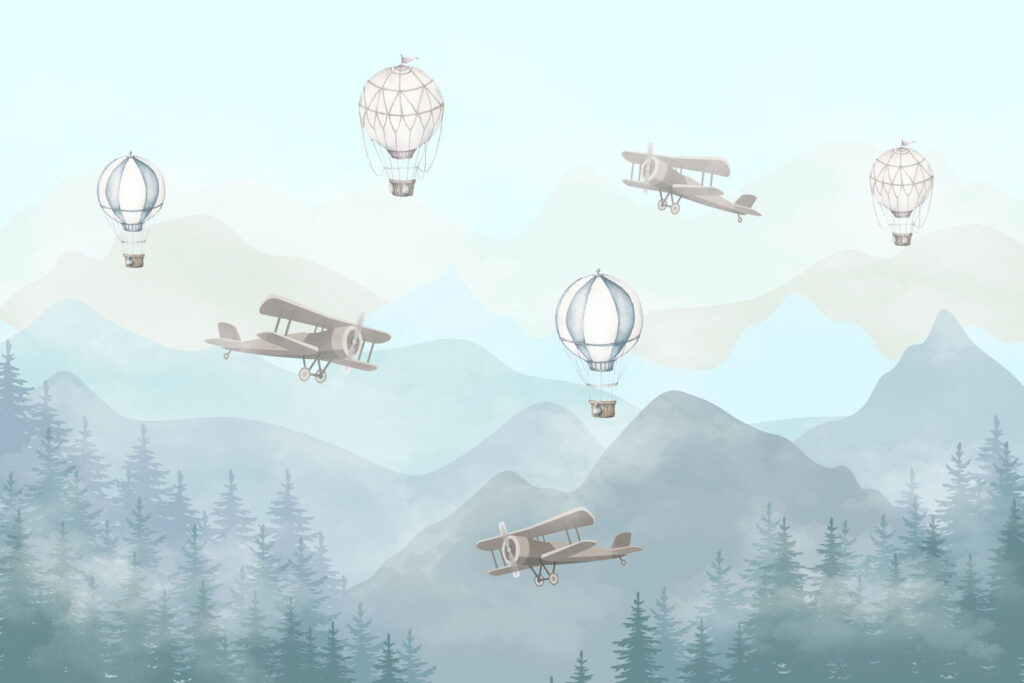 Aviones sobre montañas pálidas — diseño completo