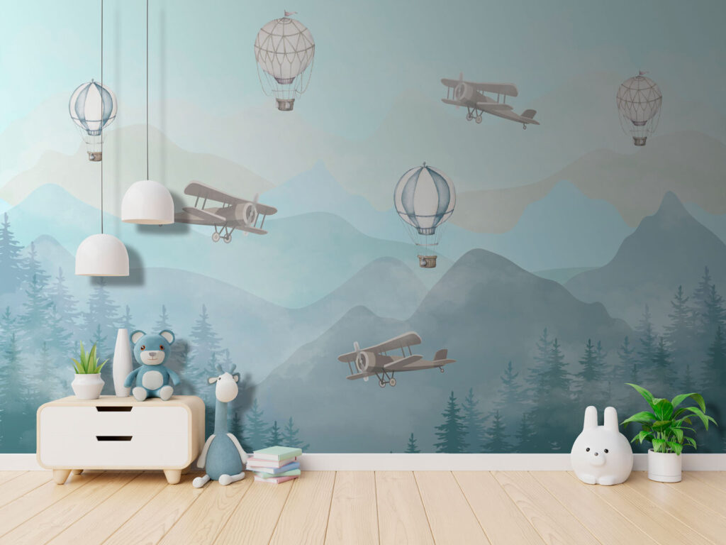 Aviones sobre montañas pálidas en un interior