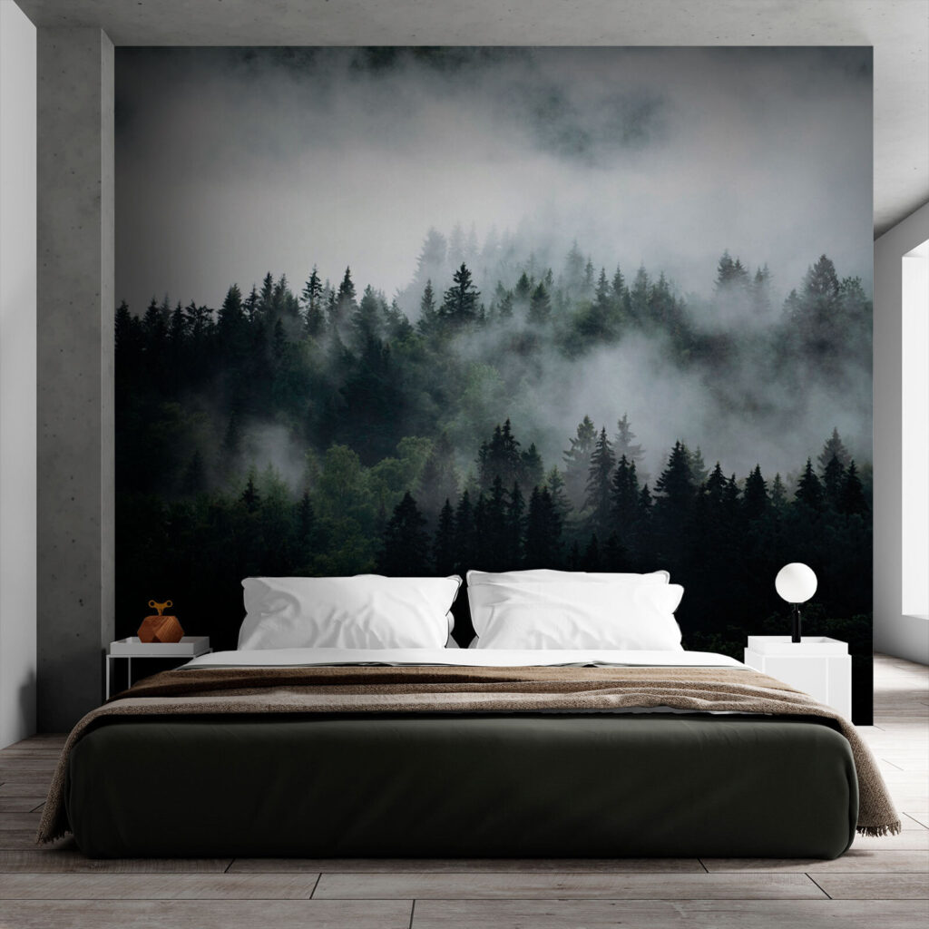Niebla sobre copas oscuras en un interior