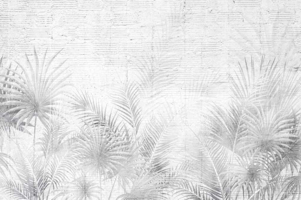 Palmeras blancas sobre muro — diseño completo