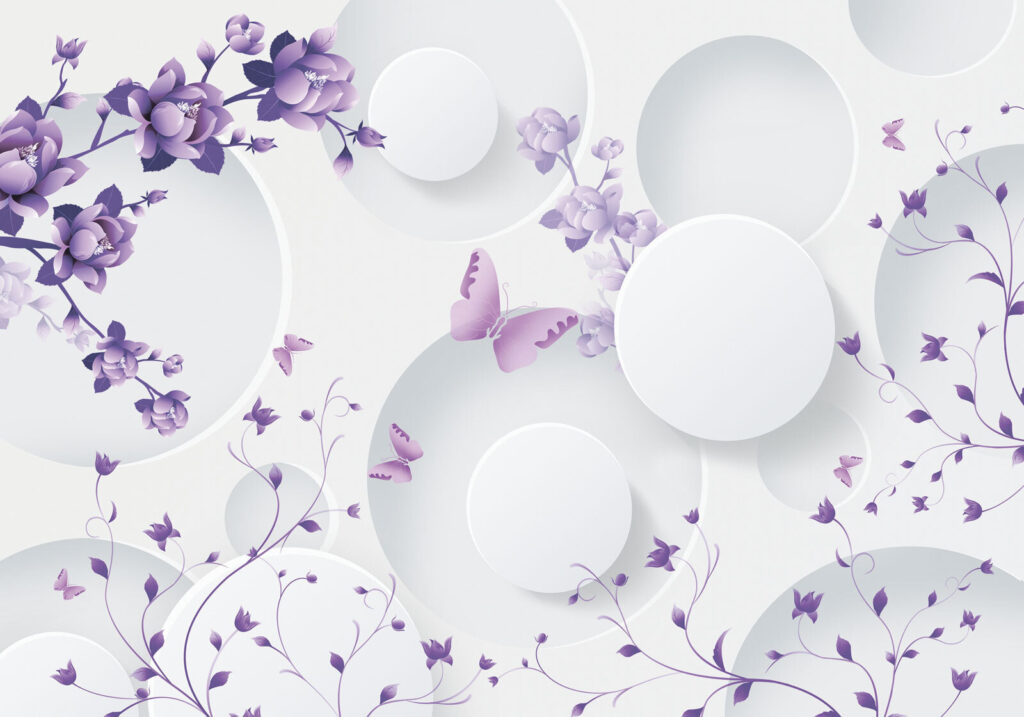 Flores lila entre círculos — diseño completo
