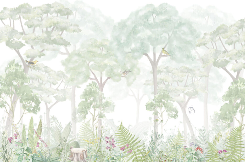 Árboles pálidos sobre flores — diseño completo