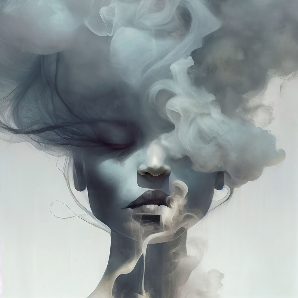 Rostro tras nubes azules — diseño completo