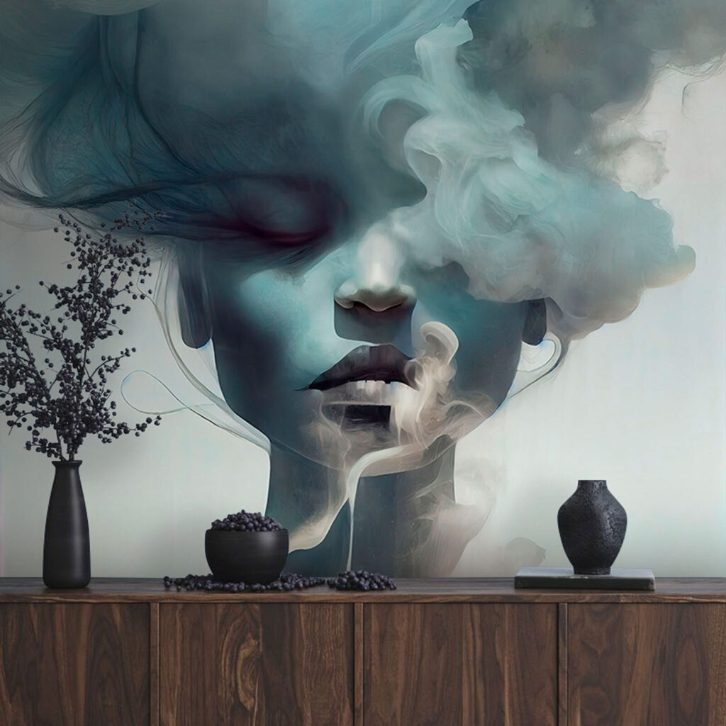 Rostro tras nubes azules en un interior