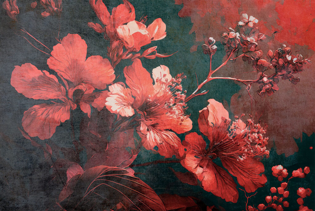 Flores rojas sobre petróleo — diseño completo