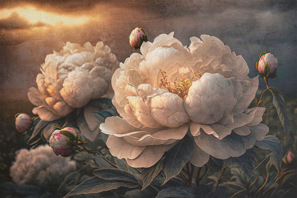 Peonías crema al atardecer — diseño completo