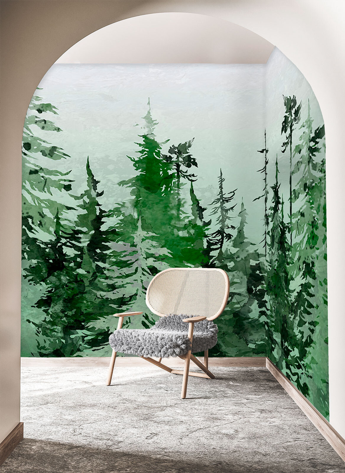 Pinos dibujados en verde — interior 1